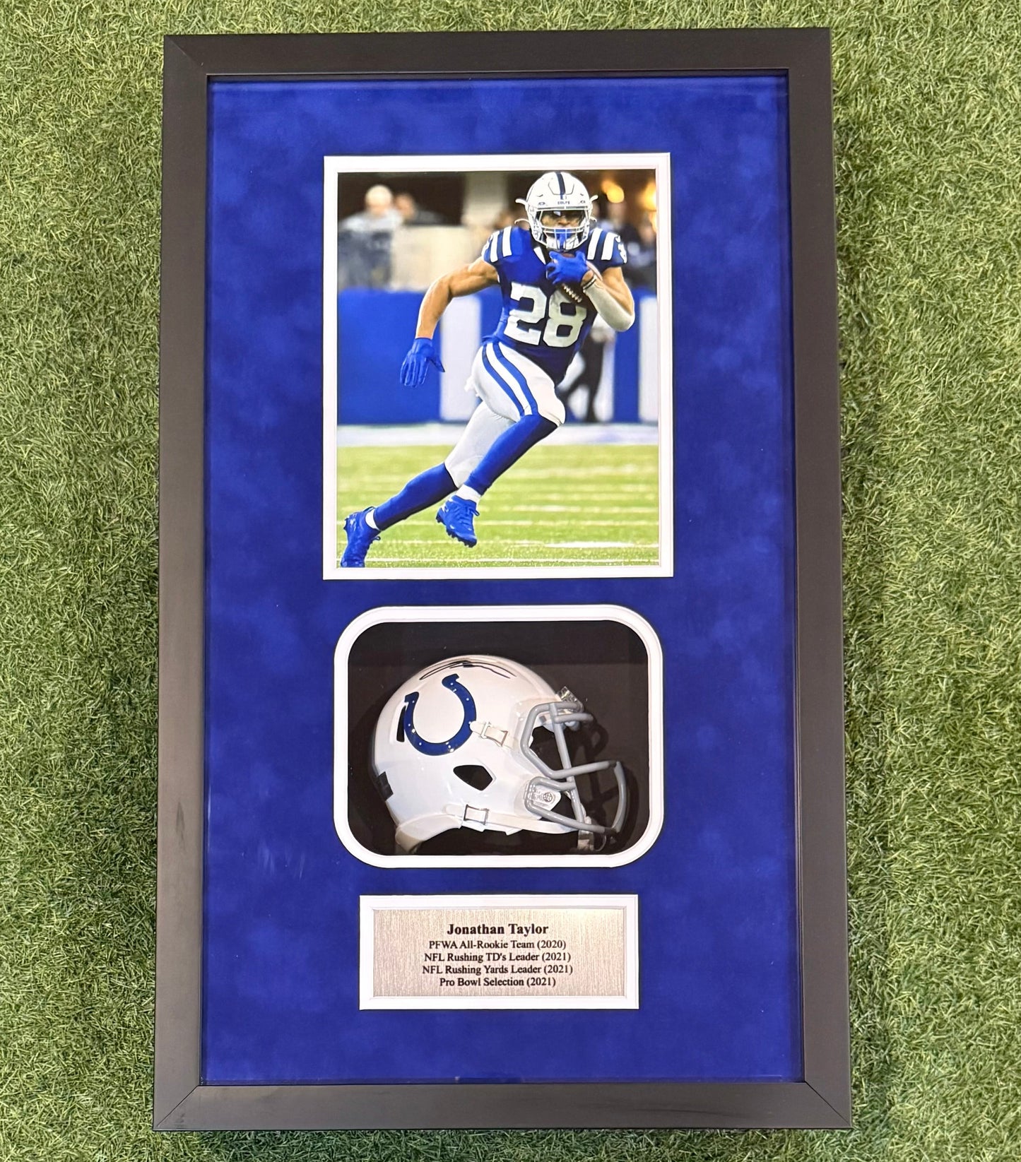 Jonathan Taylor Shadowbox with Autographed Mini Helmet