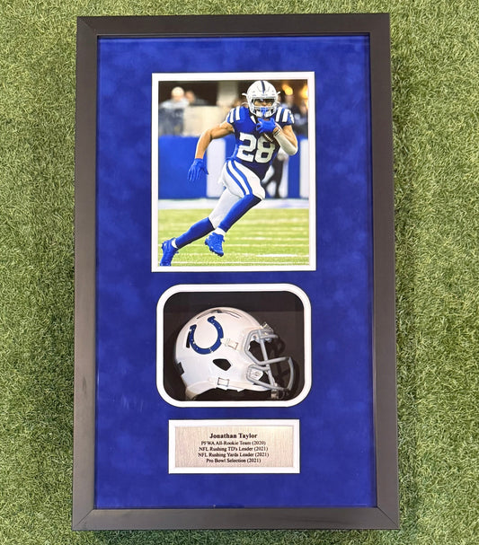 Jonathan Taylor Shadowbox with Autographed Mini Helmet